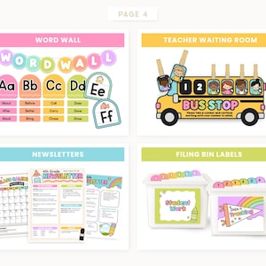 May include: A page of classroom decor with the text "WORD WALL", "TEACHER WAITING ROOM", "NEWSLETTERS", and "FILING BIN LABELS". Includes colorful alphabet letters, a school bus, calendar, newsletter, and filing bin labels.