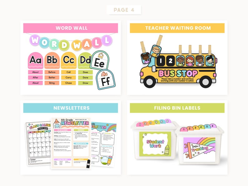 May include: A page of classroom decor with the text "WORD WALL", "TEACHER WAITING ROOM", "NEWSLETTERS", and "FILING BIN LABELS". Includes colorful alphabet letters, a school bus, calendar, newsletter, and filing bin labels.