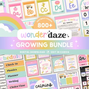 Editable Classroom Wonder Daze GROWING Printable Bundle, Canva Templates Classroom Theme, Teacher Management, Pastel Organization Display