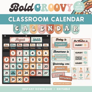 Classroom Calendar Display and Weather Station, Printable Groovy Retro Classroom Decor, PDFs + Canva Editable Templates