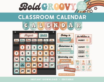 Classroom Calendar Display and Weather Station, Printable Groovy Retro Classroom Decor, PDFs + Canva Editable Templates
