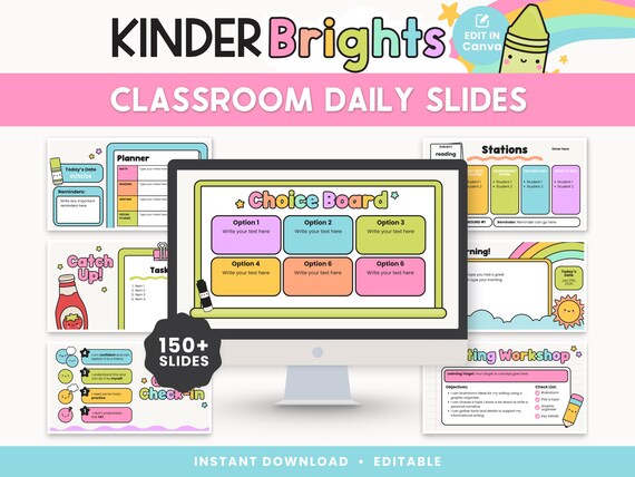 Kinder Brights Classroom Slides | Editable Daily Templates for Canva, Google Slides + PowerPoint | Morning Meeting, Agenda, Rotations & More