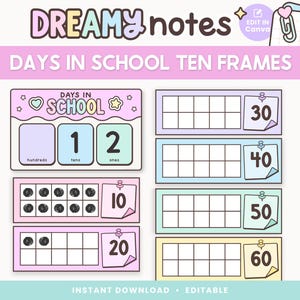 Classroom Days in School Ten Frames Printable Display, Editable in Canva, Pastel Classroom Counting Decor, PDFs + Teacher Templates