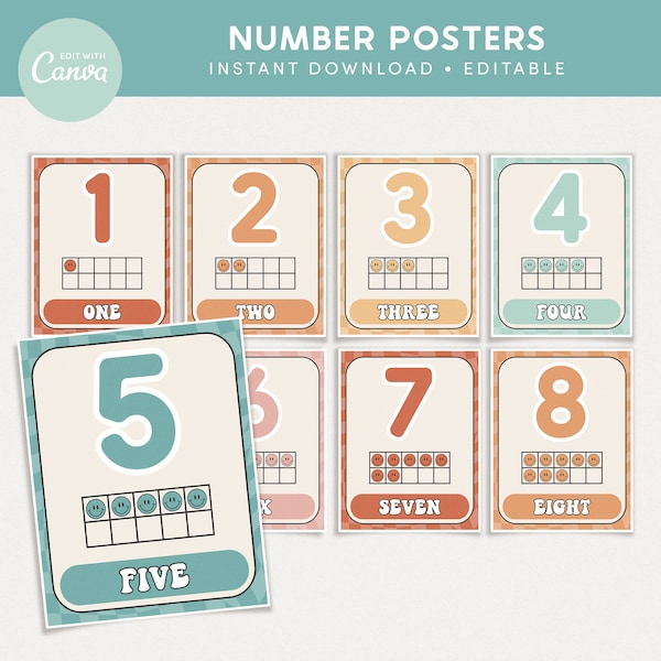 Number Ten Frames Classroom Editable Posters, Groovy Counting Templates, Retro Canva Classroom Decor - PDFs + Editable Templates