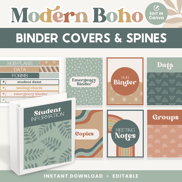 Cubiertas y lomos de carpetas de aula, organización de profesores boho moderna editable, archivos PDF + plantillas editables de Canva