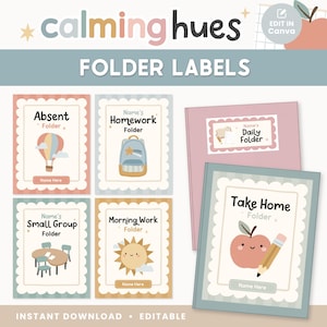 Może przedstawiać: Zestaw etykiet do segregatorów o nazwie Calming Hues Folder Labels z pastelowymi wzorami. Etykiety zawierają ilustracje balonu, plecaka, stołu, słońca oraz jabłka z ołówkiem, a także pola tekstowe przeznaczone na wpisanie imion.