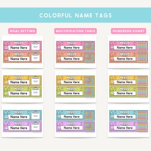 May include: Colorful name tags with the text "HELLO Name Here" in various colors. The tags are designed for goal setting, multiplication tables, and hundreds charts. Each tag features a crayon graphic.
