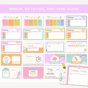 May include: A collection of colorful digital slides with the text "GROUP, ROTATION, AND TASK SLIDES." The slides feature various layouts for classroom activities, including group work, rotations, and timers. The color palette includes pink, yellow, blue, and green.