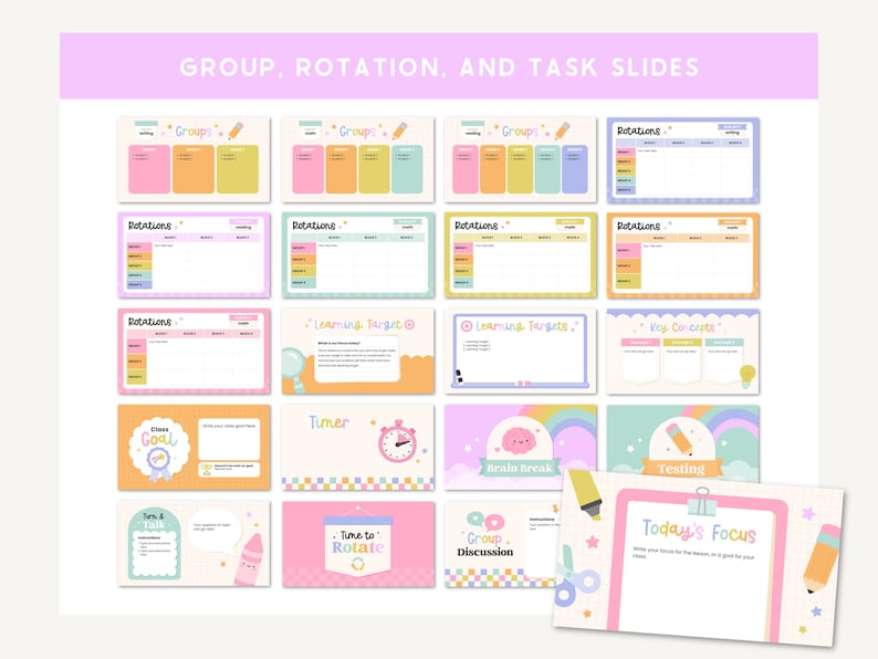 May include: A collection of colorful digital slides with the text "GROUP, ROTATION, AND TASK SLIDES." The slides feature various layouts for classroom activities, including group work, rotations, and timers. The color palette includes pink, yellow, blue, and green.