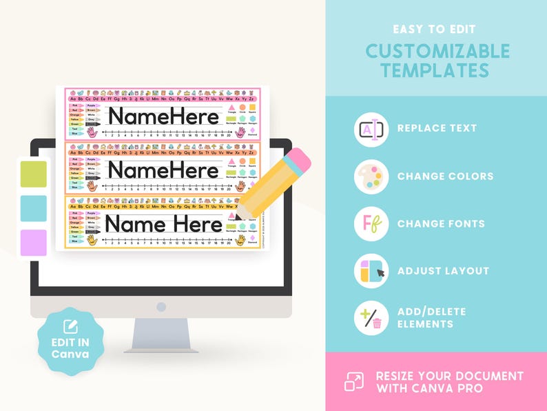 May include: A computer screen displays customizable templates with the text "Name Here". The templates include a ruler, alphabet, and colorful icons. The image also shows a pencil and text that says "Easy to Edit Customizable Templates".