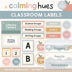 May include: Classroom labels in a soft colour scheme, featuring text such as "Literacy Centres," "Science Groups," and "Writing Groups." The design includes labels for "Erasers," "Pencils," and "Sharpeners." The image also includes an apple graphic and the words "calming hues."