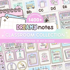 Bearbeitbares Klassenzimmer Dekor Verträumte Notizen Printable Bundle | Pastell Canva Vorlagen Klassenzimmer Thema | Lehrermanagement | Organisations-Aufsteller