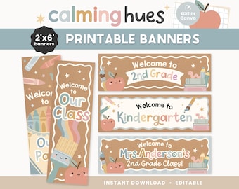 Editable 2x6 Printable Classroom Banners | Calming Hues Kraft Paper Welcome Banners | Back to School Editable Canva Templates