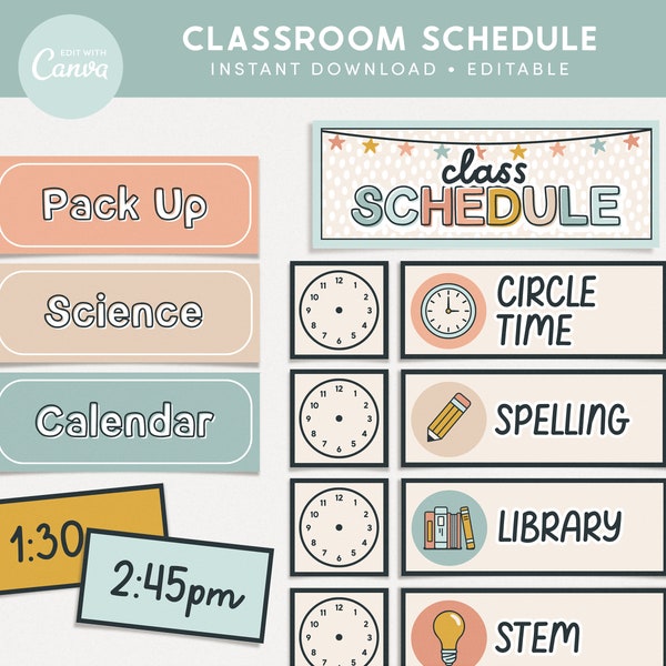 Classroom Schedule, Editable Pastel Canva Template, Soft Clouds Cute Classroom Management Printables, - PDFs + Editable Templates