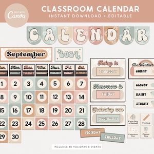 Classroom Calendar Display and Weather Station, Printable Pastel Groovy Retro Classroom Decor, PDFs + Canva Editable Templates