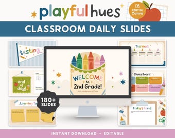 Bewerkbare dagelijkse lespresentaties | Sjablonen voor kleurrijke speelse tinten voor canva, Google Slides + PowerPoint | Ochtendvergadering, agenda, rotaties