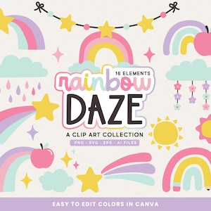 Rainbow Daze Clip Art SVG, PNG, EPS, AI Dateien, Wolken, Lehrer, Apfel, Schule, Sterne Canva Clipart Illustrationen