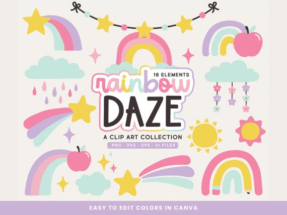 Rainbow Daze Clip Art SVGs, PNGs, EPS, AI Files, Clouds, Teacher, Apple, School, Stars Canva Clipart Illustrations