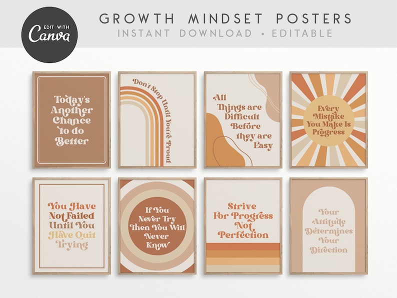 Growth Mindset Editable Classroom Printable Posters, Classroom Quotes, Classroom Decor, INSTANT DOWNLOAD - 8x10 and Editable Canva Templates 
