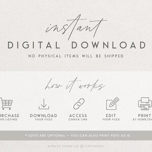 May include: A digital download graphic with the text "instant DIGITAL DOWNLOAD" and "NO PHYSICAL ITEMS WILL BE SHIPPED". The graphic also shows a series of icons representing the steps involved in purchasing and downloading a digital product: purchase, download, access Canva link, edit, and print.
