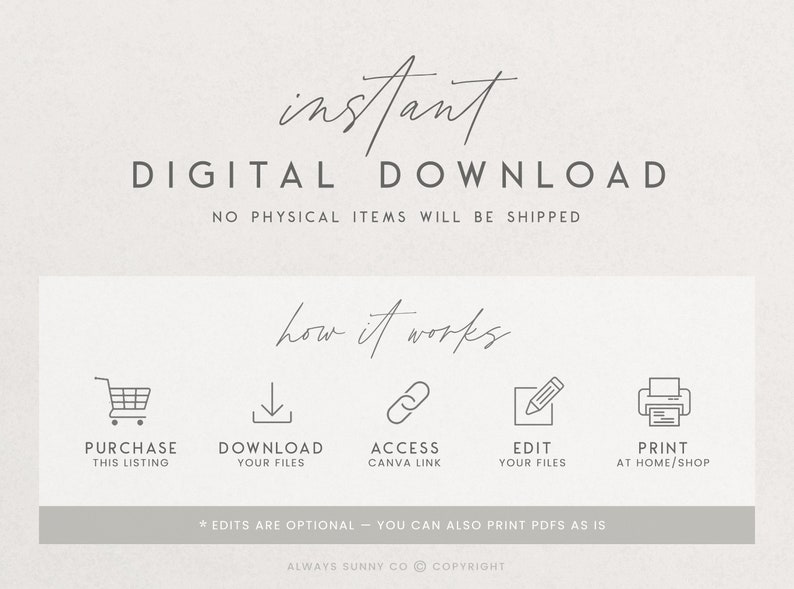 May include: A digital download graphic with the text "instant DIGITAL DOWNLOAD" and "NO PHYSICAL ITEMS WILL BE SHIPPED". The graphic also shows a series of icons representing the steps involved in purchasing and downloading a digital product: purchase, download, access Canva link, edit, and print.