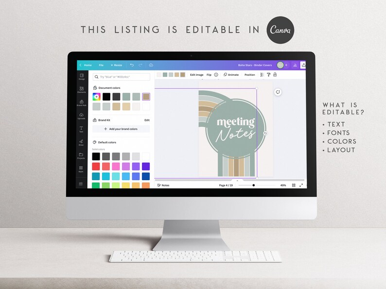 May include: A computer screen displaying a Canva design template for a meeting notes cover. The design features a circle with the text "meeting notes" in a light green color with a brown and beige striped background. The text "WHAT IS EDITABLE?" is displayed on the right side of the screen with bullet points listing "TEXT", "FONTS", "COLORS", and "LAYOUT".