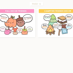 May include: Two sets of cartoon illustrations on a white background. The first set, "Fall Decor Friends," includes a pumpkin, acorn, mushroom, and apple, each with speech bubbles. The second set, "Campfire Friends Decor," features a campfire, tree, s'more, and marshmallow.