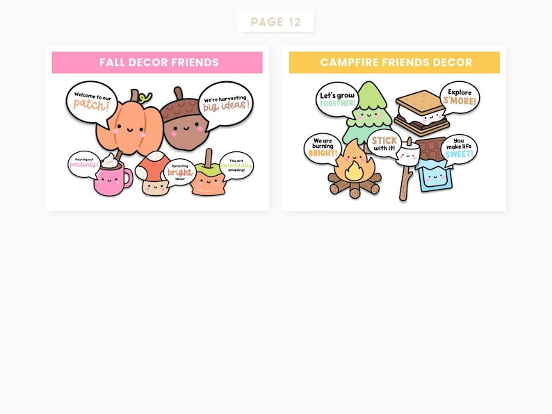 May include: Two sets of cartoon illustrations on a white background. The first set, "Fall Decor Friends," includes a pumpkin, acorn, mushroom, and apple, each with speech bubbles. The second set, "Campfire Friends Decor," features a campfire, tree, s'more, and marshmallow.