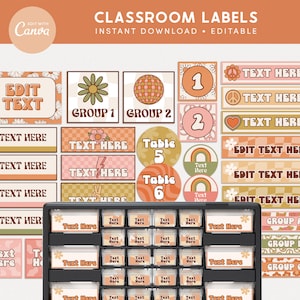 Puede incluir: Un conjunto de etiquetas de aula imprimibles en un estilo retro de los años 70 con varios diseños que incluyen signos de paz, flores, arcoíris y patrones geométricos. Las etiquetas incluyen cuadros de texto para "Editar texto aquí", números de grupo y números de mesa.
