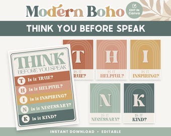Think Before You Speak Editable Classroom Posters, Printable Canva Boho Classroom Decor, PDFs + Templates