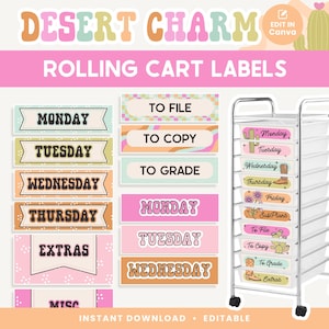 Etiketten für Rollenwagenwagen, bearbeitbare Lehrerschubladenablage, Organisation von hellen Wüstenklassenzimmern, PDFs + Canva bearbeitbare Dateien
