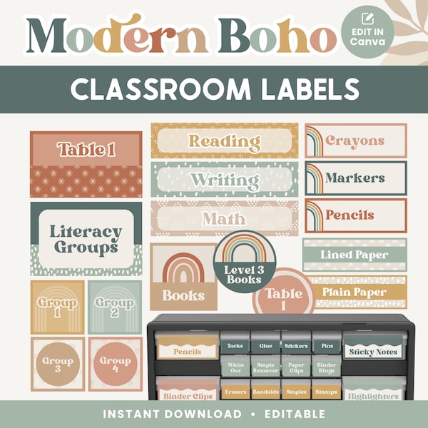 Etiquetas de aula Plantillas editables, Organización moderna del aula Boho, Etiquetas de contenedor + cajón DESCARGA INSTANTÁNEA, Plantillas Canva