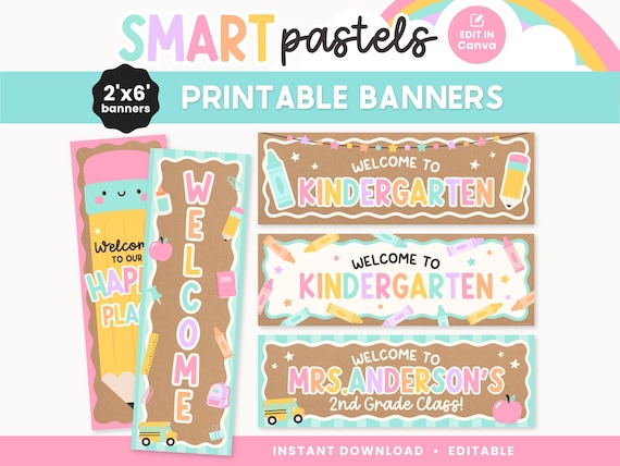 Editable 2x6 Printable Classroom Banners | Smart Pastels Kraft Paper Welcome Banners | Back to School Editable Canva Templates