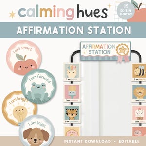 Plantilla editable para la estación de afirmaciones del aula / Decoración del aula con tonos relajantes / Decoraciones imprimibles para la educación en casa / Plantillas de Canva