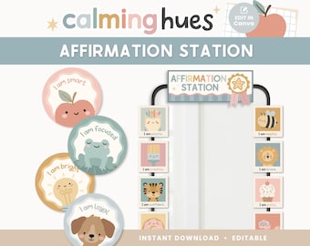 Editable Classroom Affirmation Station Display | Calming Hues Classroom Decor | Homeschool Printable Decorations | Canva Templates