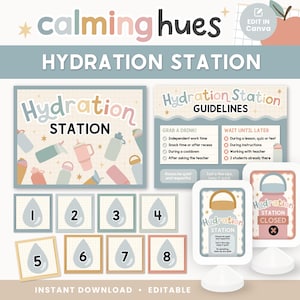 Könnte beinhalten: Eine Sammlung druckbarer Schilder und Etiketten für eine Trinkstation in Pastellfarben. Die Schilder enthalten den Text "Hydration Station" und "Guidelines" sowie nummerierte Wassertropfen-Etiketten. Das Design hat eine beruhigende Farbpalette.