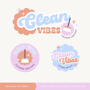 Editable Cleaning Logo Template, DIY Canva Cleaning Service Branding, Round Retro Boho Broom Logo
