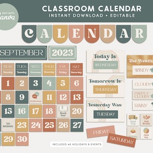 Classroom Calendar Display and Weather Station, Printable Modern Boho Classroom Decor, PDFs + Canva Editable Templates