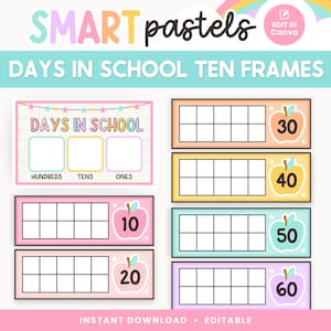 Classroom Days in School Ten Frames Printable Display, Editable in Canva, Bright Pastel Classroom Counting Decor, PDFs + Teacher Templates