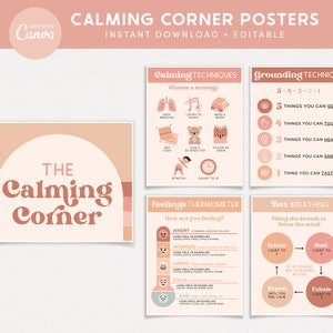Calming Corner Editable Classroom Printables, Neutral Boho Canva Classroom Decor, Calm Down Skills - PDFs + Templates