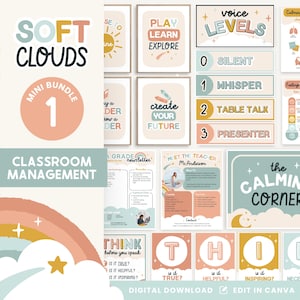 Editable Classroom Management Bundle, Cute Boho Canva Editable Files, Growth Mindset, Voice Levels, Calming Corner PDFs + Templates