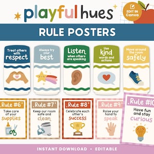 May include: A set of classroom rule posters titled Playful Hues Rule Posters. The top row features five crayon-shaped designs with rules like Treat others with respect and Listen when others are speaking. The bottom row shows five rectangular cards numbered 6 through 10 with illustrations including a trophy, a lightbulb, and scissors.