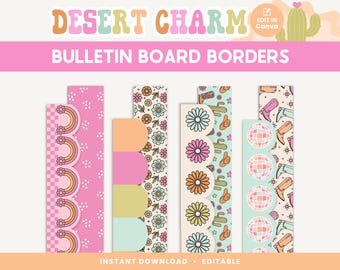 Classroom Bulletin Board Borders, Editable Canva Templates, Bright Desert Classroom Decor, Western Teacher Banner, PDFs + Templates