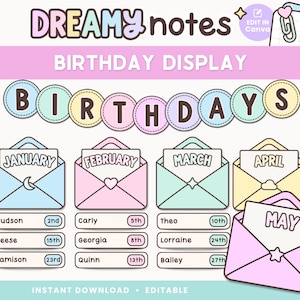 Cartel de cumpleaños editable para el aula / Tablón de anuncios de cumpleaños en tonos pastel / Banner de guirnalda para el aula / Plantilla de Canva