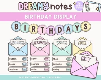 編集可能な教室用誕生日ディスプレイ | カラフルなパステルカラーの誕生日掲示板 | 教室用ガーランドバナー | Canvaテンプレート