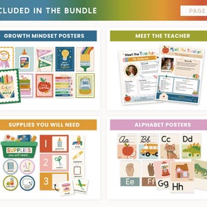 May include: A digital bundle of classroom resources including Growth Mindset posters, Meet the Teacher templates, Supplies You Will Need charts, and Alphabet posters. The collection features colourful illustrations, educational text, and organised layouts.