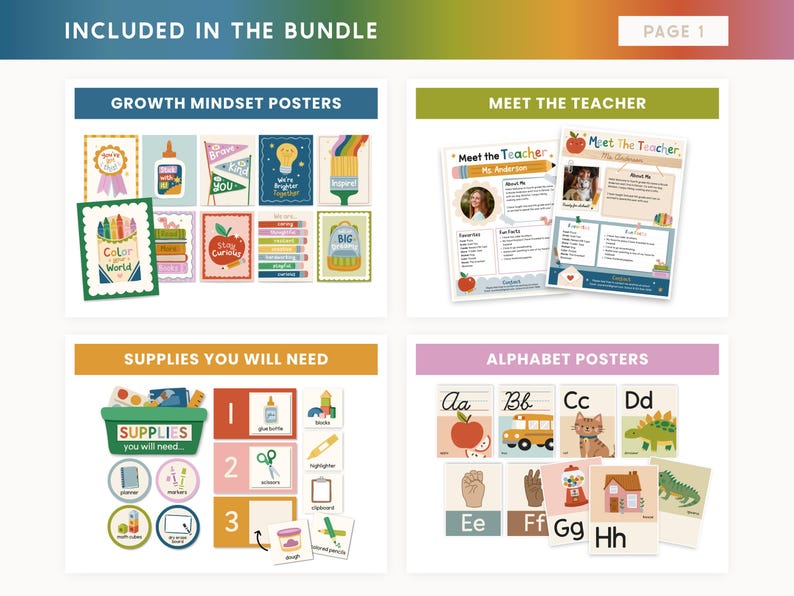 May include: A digital bundle of classroom resources including Growth Mindset posters, Meet the Teacher templates, Supplies You Will Need charts, and Alphabet posters. The collection features colourful illustrations, educational text, and organised layouts.