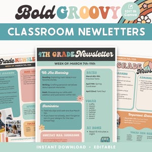 Classroom Newsletter Editable Templates, Groovy Back to School, Retro Classroom, Teacher Canva Templates, INSTANT DOWNLOAD