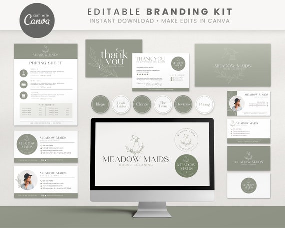 Editable Branding Kit, DIY Canva House Cleaning Logo, Elegant Cleaning Service Logo, Highlight Covers, Thank You Cards, Instant Download