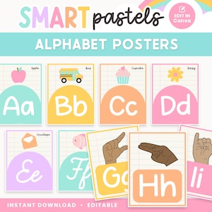 Cartazes editáveis para sala de aula do alfabeto, modelos de letras ASL, decoração de sala de aula fofa do Canva com arco-íris, linguagem de sinais - PDFs + modelos editáveis